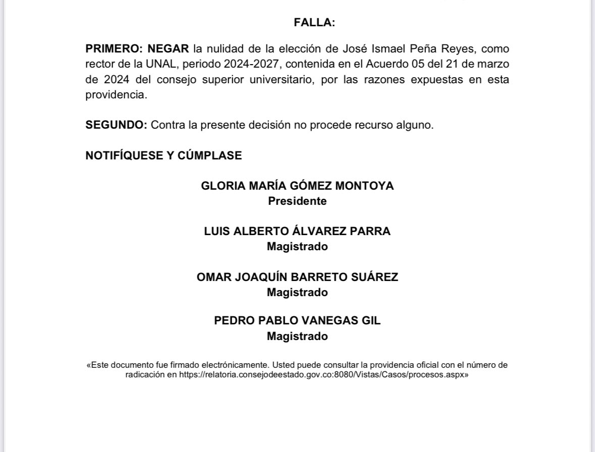 ¿Que significa este fallo?
1) La designación de <a href="/JoseIsmaelPena/">Jose Ismael Peña Reyes</a> cumplió con la reglamentación de la <a href="/UNALOficial/">Universidad Nacional de Colombia</a> y es de ley. Ismael Peña fue designado correctamente como rector de la #UNAL, Ismael Peña es el rector. 
2) Debemos esperar el fallo de las demandas contra la
