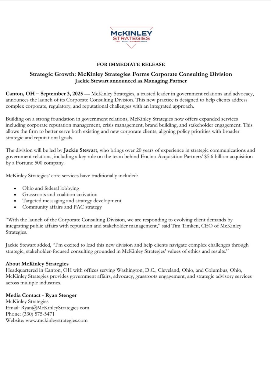 McKinleyStrategies (@mckinleystrtgy) on Twitter photo Pleased to announce the addition of Jackie Stewart to our team to lead our newly formed corporate consulting division. Pleased to announce the addition of Jackie Stewart to our team to lead our newly formed corporate consulting division.