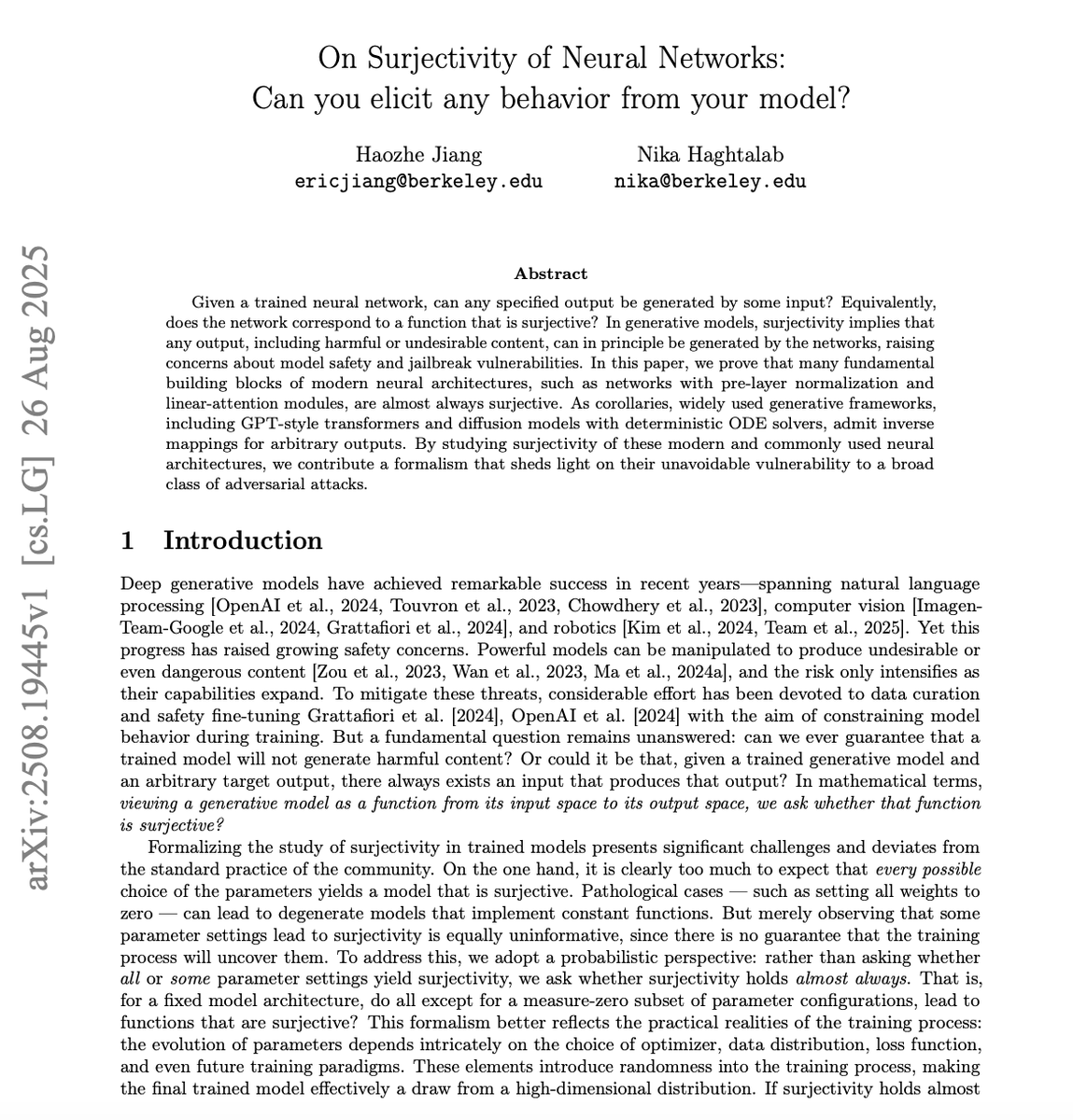 🧵Can modern neural networks ever be trained to be jailbreak-proof? Could training alone stop them from outputting harmful content?🤔

In a new paper with the all-star Haozhe (Eric) Jiang <a href="/erichzjiang/">Haozhe Jiang</a> we show that in most cases jailbreaks are mathematically inevitable 😯 They are