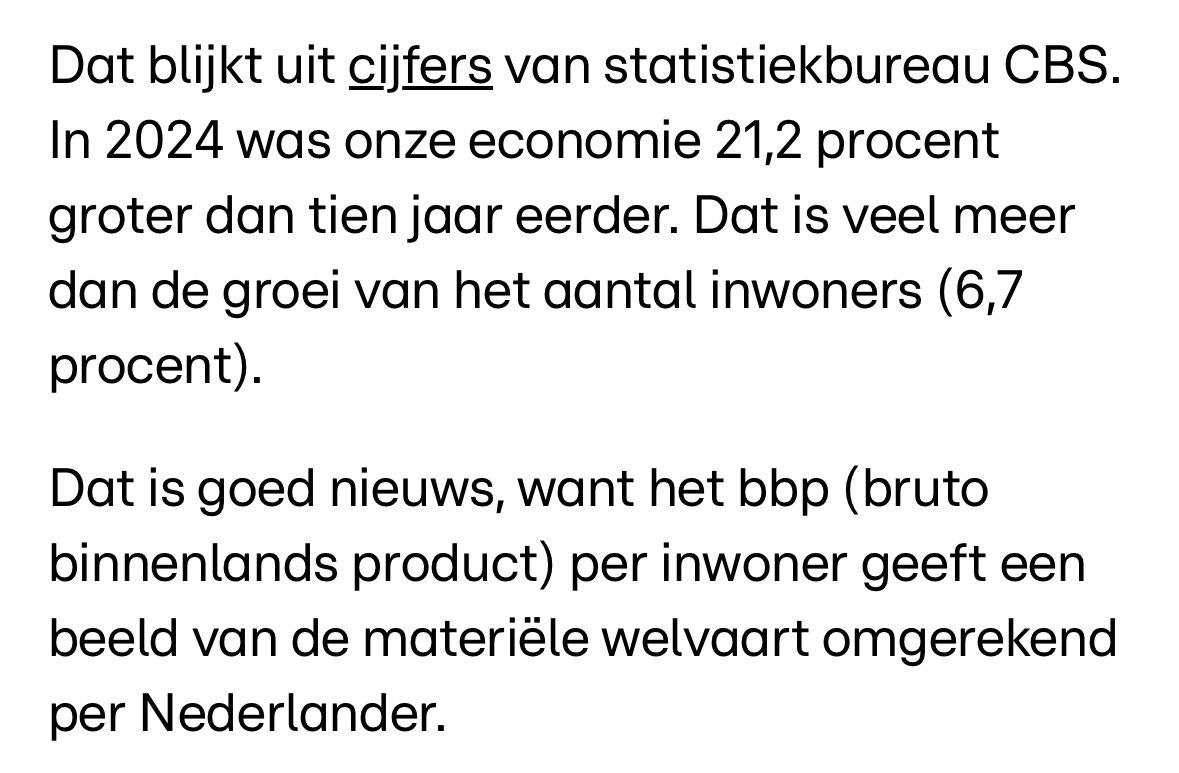 Het afzetten van economische groei tegen bevolkingsgroei zegt natuurlijk niks over aan wie de welvaartsgroei toekomt.

En geeft dus geen goed, zorgvuldig of correct beeld van de groei van materiële welvaart per Nederlander.

Een korte 🧵.