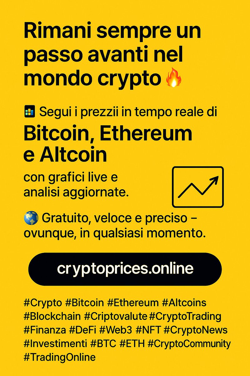 VashdevValasai's tweet image. 🌟 𝗦𝘁𝗮𝗶 𝘀𝗲𝗺𝗽𝗿𝗲 𝘂𝗻 𝗽𝗮𝘀𝘀𝗼 𝗮𝘃𝗮𝗻𝘁𝗶 𝗻𝗲𝗹 𝗰𝗿𝘆𝗽𝘁𝗼! 🚀
📈 Monitora live i prezzi di #Bitcoin, #Ethereum e #Altcoin con grafici e analisi aggiornate.
🌍 Gratuito, veloce, preciso – ovunque, sempre!👉 cryptoprices.online
#Crypto #CryptoNews #DeFi #NFT