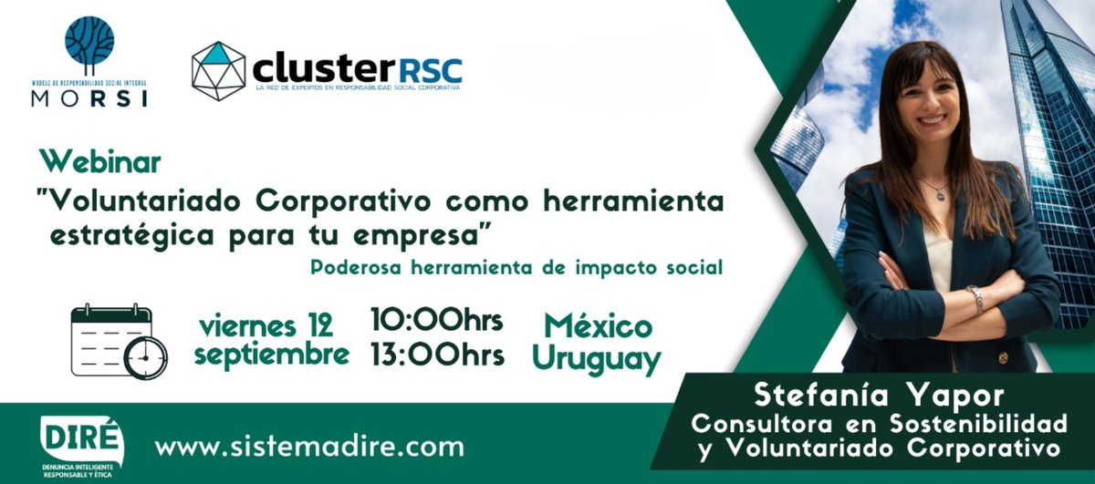 🛜WebinaRSE: Voluntariado Corporativo como herramienta estratégica para tu empresa

Stefaía Yapor
Consultora en Sostenibilidad y Voluntariado Corporativo.
🗓 Viernes 12 de septiembre
⏰10:00 AM (CDMX) 01:00 PM (Uruguay)
🔗 : youtube.com/live/lrUkC0jfk…

#Voluntariado #ESR #RSE #DIRÉ
