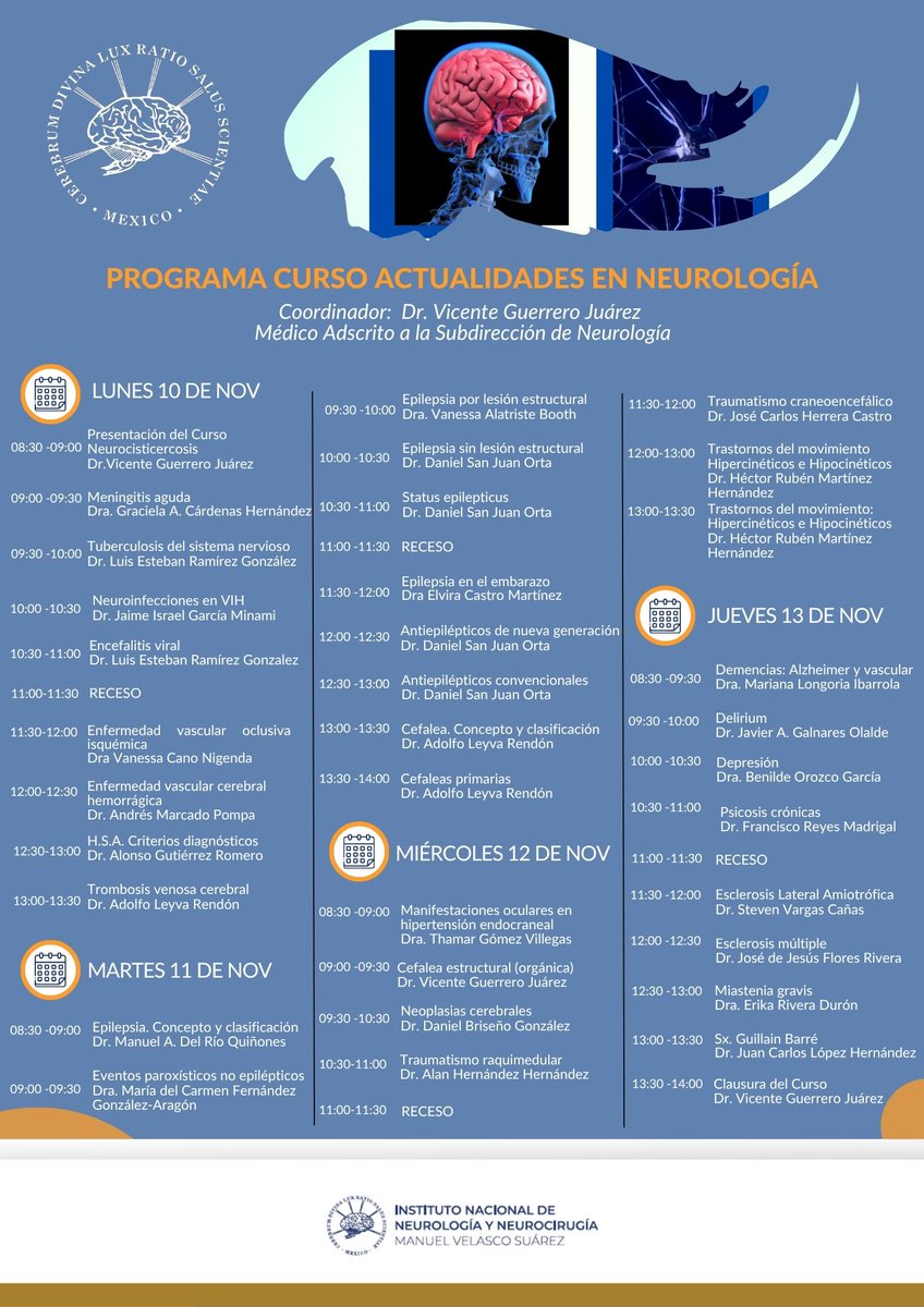 🚨#EducaciónContinua Recuerda participar en la edición 2025 de nuestro curso presencial "Actualidades en neurología".
👩‍🏫👨‍🏫 Agenda tu participación del lunes 10 al jueves 13 de noviembre.
🔍Consulta aquí el programa e inscríbete en el QR. 
✅Te esperamos