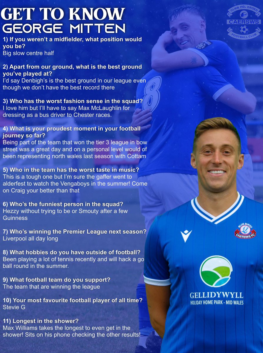 caerswsfc's tweet image. A feature of this season's Match Day Programme has been "getting to know" different players in the squad 🧐

First up, Midfield Meastro @GeorgeMitten.

What's wrong the the Vengaboys, eh @craig_williams4?!? 😆

#sws #Bluebirds #GetToKnow #YCanolbarth #football #WelshFootball
