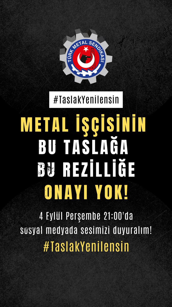 Metal işçilerinin sesine kulak verin ve taslağı yenileyin. Metal işçilerini sefalete mahkum etmeyin. 

Erdoğan ve hükümeti işçi ücretleri açlık sınırında eşitlemek için çabalıyor. Bizlerde insanca yaşanacak bir ücret mücadelesini yükseltelim! 

#TaslakYenilensin