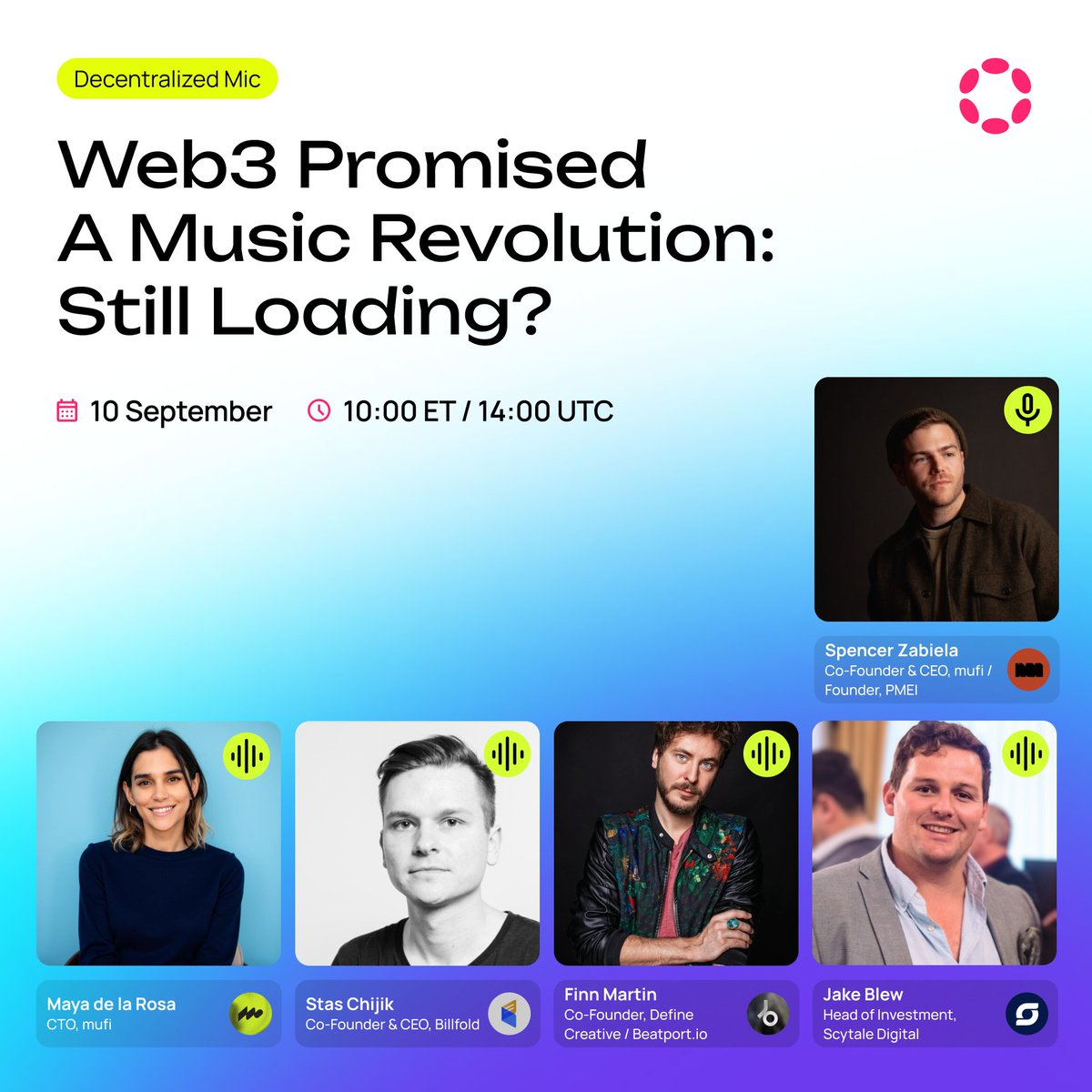 Polkadot's tweet image. Decentralized Mic Ep. 11: The Web3 Music Revolution: Still Loading?

The first music projects proved what worked &amp;amp; what fell flat.

Today, new apps are quietly growing.

Hear @mufi_app, @scytaledigital, @BillfoldPOS, &amp;amp; @beatport unpack what's next for the industry.