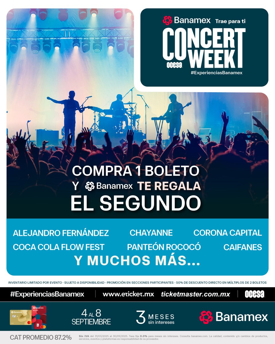 Si tienen tarjeta Banamex, hay 2x1 en varios conciertos: Abono Gral Corona Capital, Billy Idol, Kacey Musgraves, Kamasi Washington, Morrissey, Primal Scream, Sigur Rós, Steven Wilson y muchos más, checa la lista completa aquí: guias.ticketmaster.com.mx/concert-week-2…