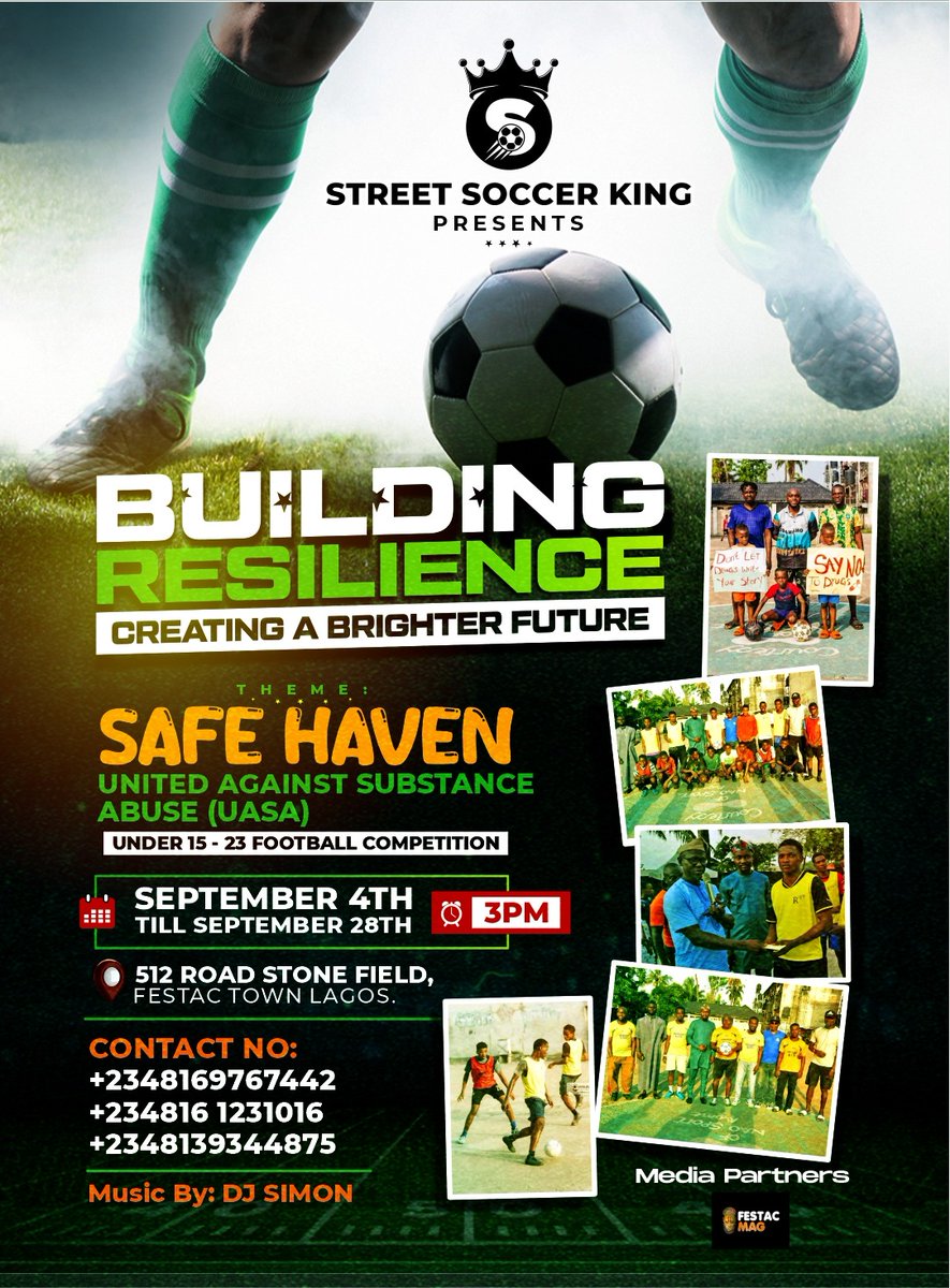 THE THIRD EDITION OF STREET SOCCER KINGS 👑👑👑 

BUILDING RESILIENCE AND CREATING A BRIGHTER FUTURE.

UNITED AGAINST SUBSTANCE ABUSE (UASA)

Street Soccer Tournament For Under 15 - 25 Football Competition.

Tournament Is a concept to fight against drugs abuse in the community...