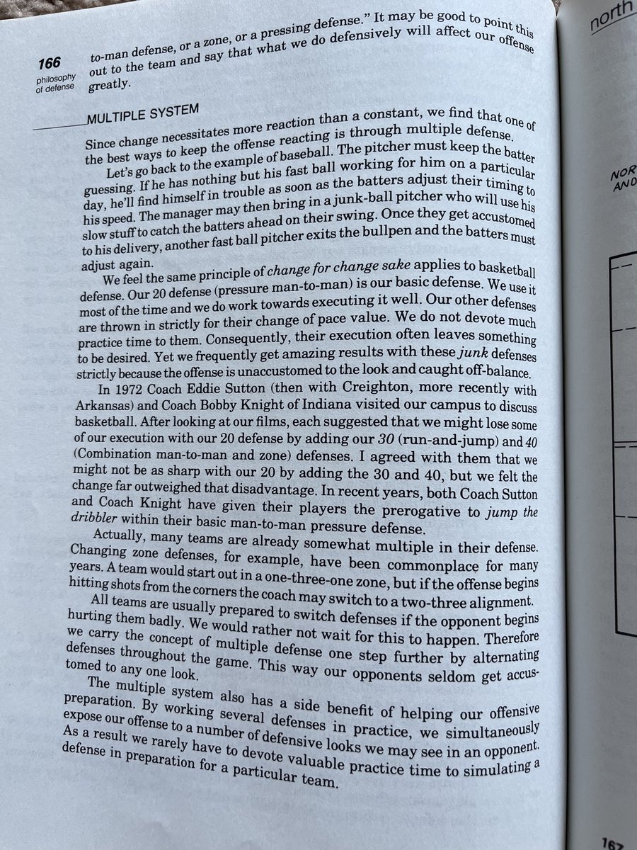 Mike_Jagacki's tweet image. Starting a new series: Best Nuggets From Coaching Books 📚

The first one comes from Dean Smith &amp;amp; Bob Spear’s Basketball: Multiple Offense and Defense.

Dean Smith believed: “Defense dictates the game.” 

His example was that coaches can’t say, “Tonight we’ll run a zone offense,”…