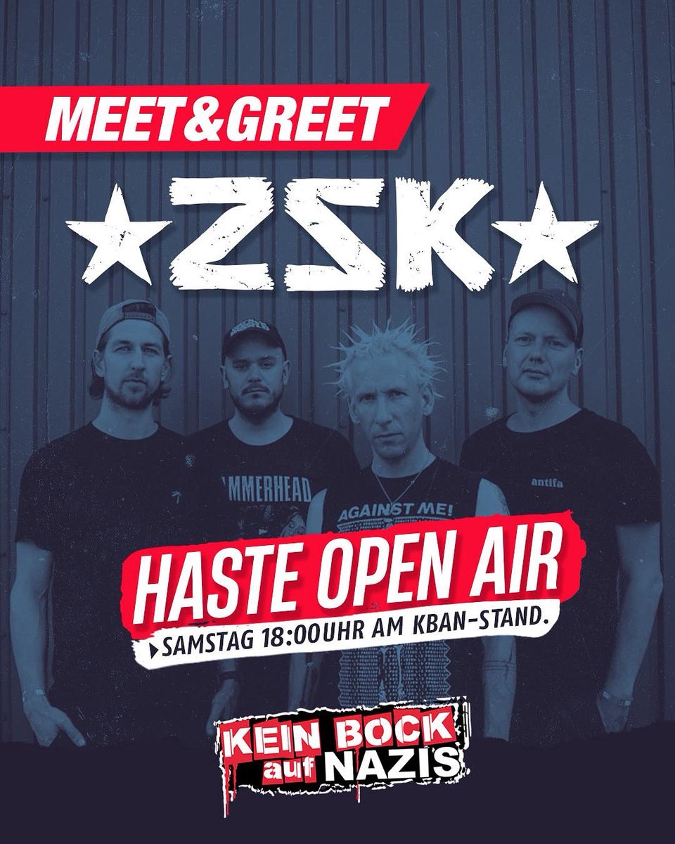 Bock auf ein Bier und Foto mit ZSK beim Haste Openair? Gar kein Problem. 
Einfach Samstag um 18 Uhr beim Kein Bock auf Nazis Stand vorbeischauen und Party machen!
Bis dann!