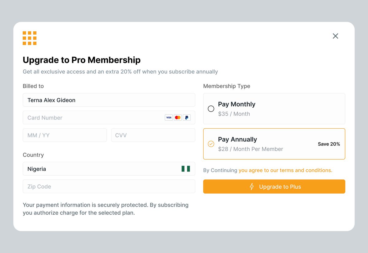 Day 20/20 UI Design Challenge🔥🔥

Membership Upgrade UI ☑️

And that’s a wrap! Thanks to everyone who joined me on this brief journey your support kept me going.

Wrapped up the 20 days UI challenge with a simple membership upgrade screen.

#UIDesign #DesignChallenge #WebDesign