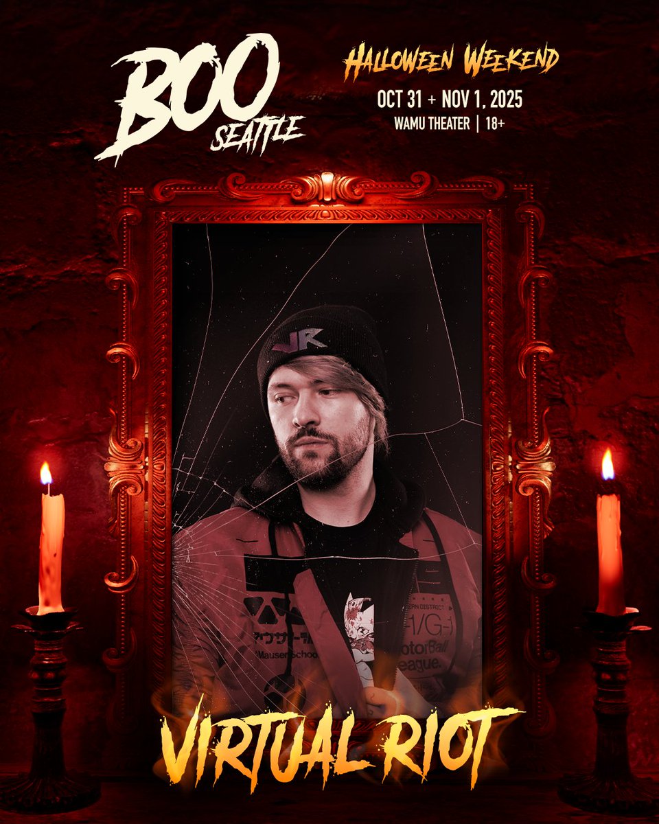 BOOHalloween__'s tweet photo. The wicked walls of our haunting home stand no chance to @Virtual_Riot 's set at #BooSeattle.🔊 

Shadows are rising, and the bass is calling. Who is stepping into the dark with us? 🪦 https://t.co/XjQilU4Nce