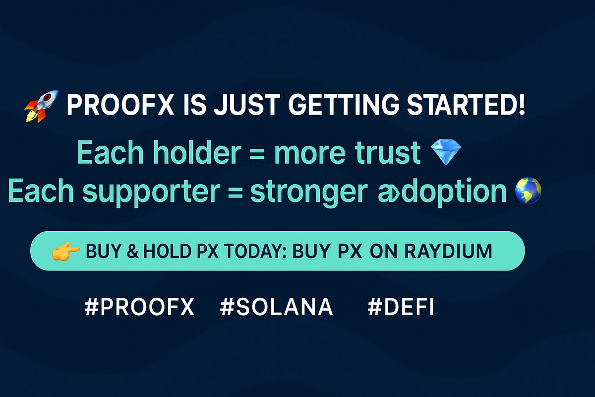RealProofX's tweet photo. 🚀 ProofX is just getting started!
Each holder = more trust 💎
Each supporter = stronger adoption 🌍

👉 Buy &amp; Hold PX today: 🔗 Buy PX on Raydium

#ProofX #Solana #DeFi https://t.co/qnjJr0McLi