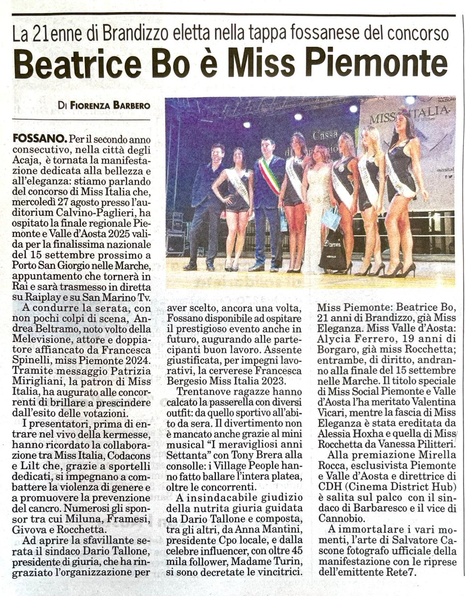 Miss Piemonte 2025 è #BeatriceBo di #Brandizzo che va di diritto alla finale di #MissItalia nelle #Marche il 15 settembre.
Dopo qualche anno di assenza #MissItalia torna in Rai
#LaFedeltà
#Fossano

<a href="/MissItalia__/">Miss Italia</a> 
<a href="/RaiPlay/">RaiPlay</a>