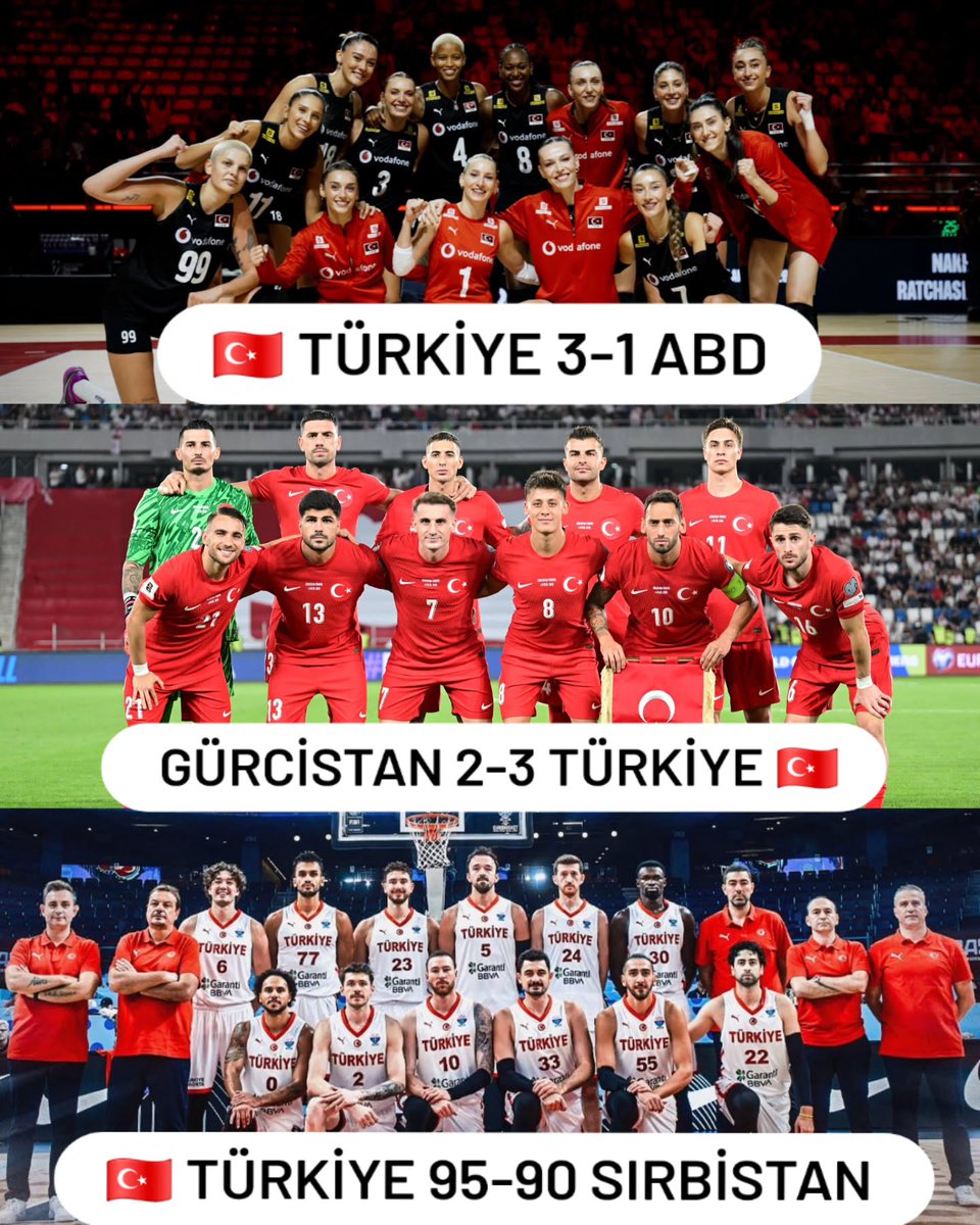 Tebrikler Milli sporcularımıza. Hem Basketbol, hem Voleybol hem de Futbol olarak güzel galibiyetler aldık. Devamı gelecek. Durmak yok.   
🇹🇷 Ne Mutlu Türküm Diyene 🇹🇷