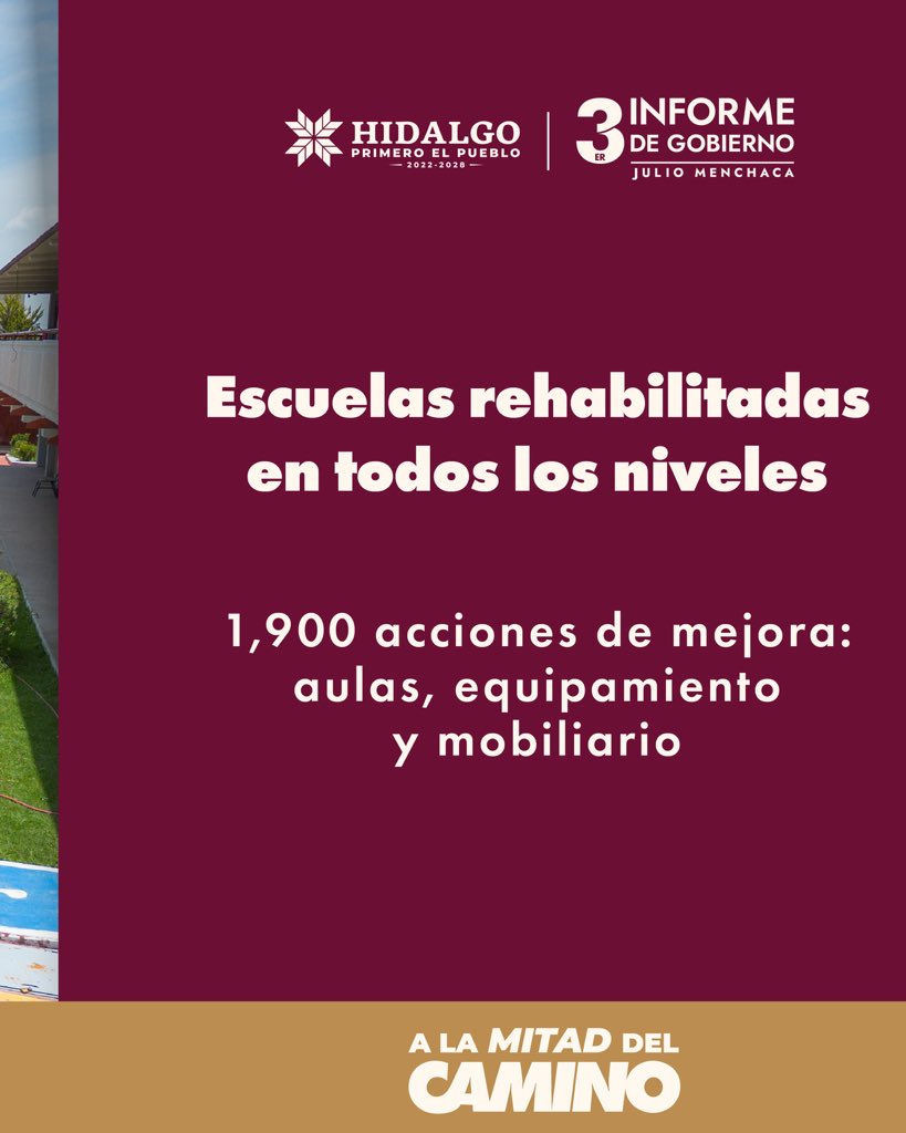 Fortalecemos el aprendizaje de las y los estudiantes con espacios dignos que favorecen su desarrollo educativo. 🏫

#ALaMitadDelCamino transformamos la manera de aprender, conoce más en tercerinforme.hidalgo.gob.mx.

#3erInformeHidalgo