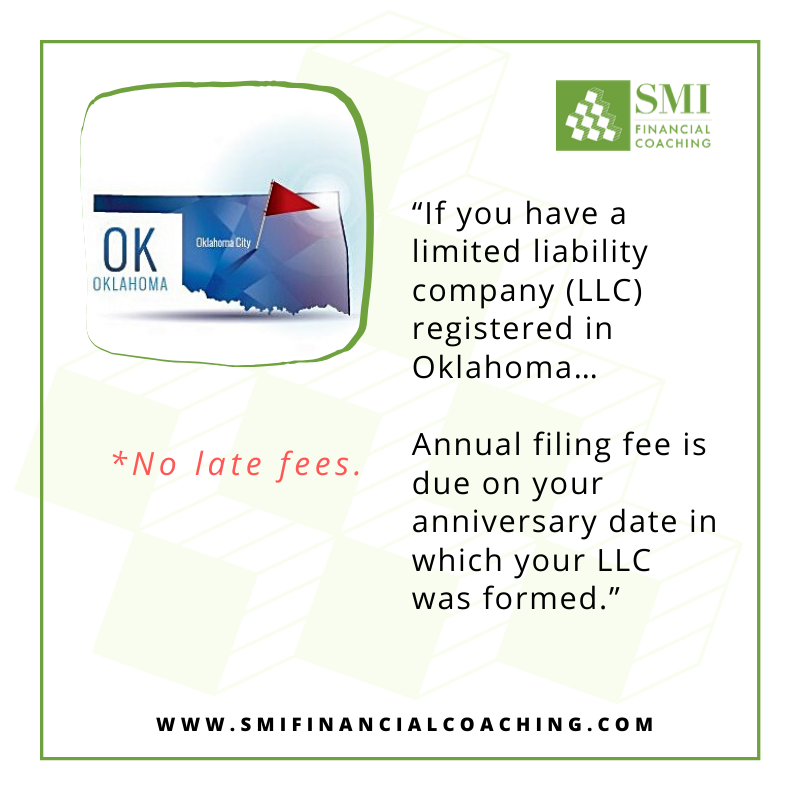 If you have a limited liability company (LLC) registered in #Oklahoma, your annual report and filing fee are due by the anniversary date in which your LLC was formed. No late fees. #smallbusiness #finances