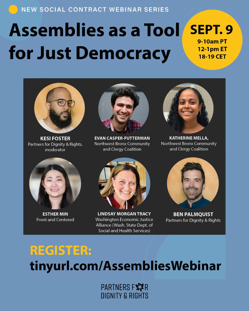 Partner4Dignity's tweet image. Join our webinar on the report 📍Tuesday, Sept 9th @ 9am PT/12pm ET/6pm CET (available in English with Spanish interpretation) &amp;amp; hear from report author Ben Palmquist and from organizers of assemblies in #Washington State and #theBronx. tinyurl.com/assemblieswebi…