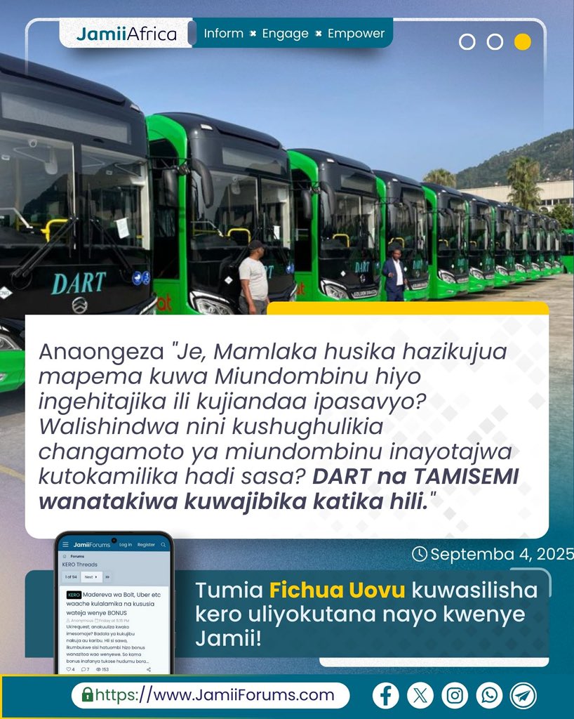 JamiiForums's tweet image. Mdau wa JamiiForums.com ametoa wito kwa Mamlaka zinazohusika ikiwemo Wakala wa Mabasi Yaendayo Haraka (#DART) na Wizara ya #TAMISEMI kushughulikia ucheleweshwaji wa huduma ya Mwendokasi njia ya Mbagala ambayo imekuwa ikisuasua kuanza huku ahadi zikiwa nyingi.…