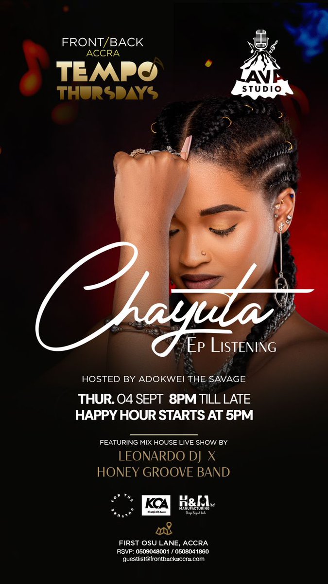 Tonight we join the sensational <a href="/chayutamusic/">Phoenix Rising</a> for her EP listening session <a href="/FrontBackAccra/">Front/Back Accra</a>. 

Stay posted for updates. 

#ChayutaMusic #TempoThursdays