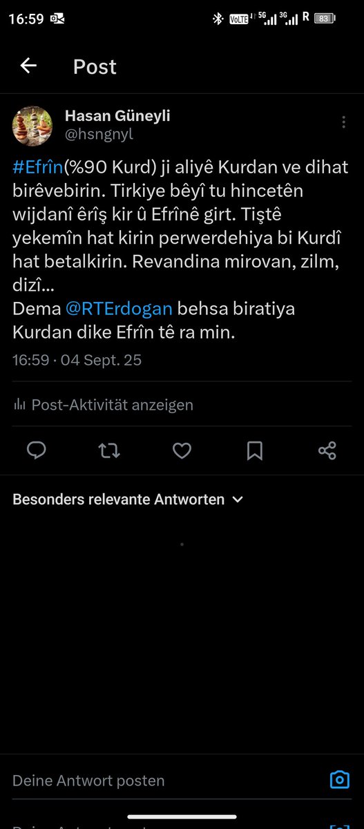 hsngnyl's tweet photo. Bugün X'te aynı anlama gelen iki paylaşım yaptım. İlki #Türkçe idi, sonra aynısını #Kürtçe yaptım. Üzerinden 3 saat geçmedi Kürtçe yaptığım paylaşım silinmiş. Bu durumda X platformunun da Kürtçeyi inkar ettiği veya inkar ve imha etmeye çalışanlara destek verdiği aklıma geliyor. https://t.co/nbiW3gwAwN