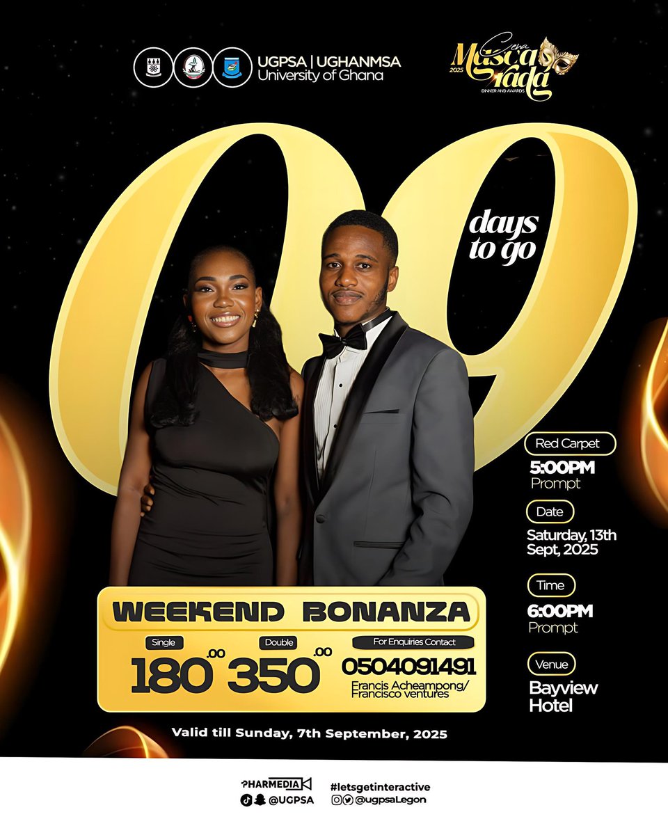 UGPSAlegon's tweet photo. 9 days more to the UGPSA|UGHANMSA Masquerade Dinner and Awards!
Do not just hear about it!
Be a part of it!
<<- - - Sat.13th Sept. 2025
Bayview Hotel 🏢
6:30pm - - - - - >>
#UGPS|UGHANMSA
#CenaMascarada
#Dinner&Awards🏅
Powered by Pharmedia 🎭 https://t.co/k07s5wSYlb