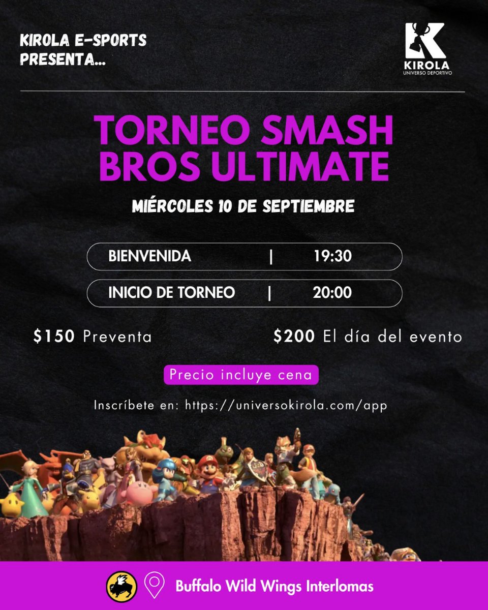 ¡Hola comunidad!
Los queremos a invitar al evento Kirola x Bufalo Wings (Interlomas).
Estaremos apoyando en la organización y gestión del evento, el costo incluye un combo de comida 🍔🥤(Hamburguesa + bebida) 

Link de registro: universokirola.com/app/torneos/W6…