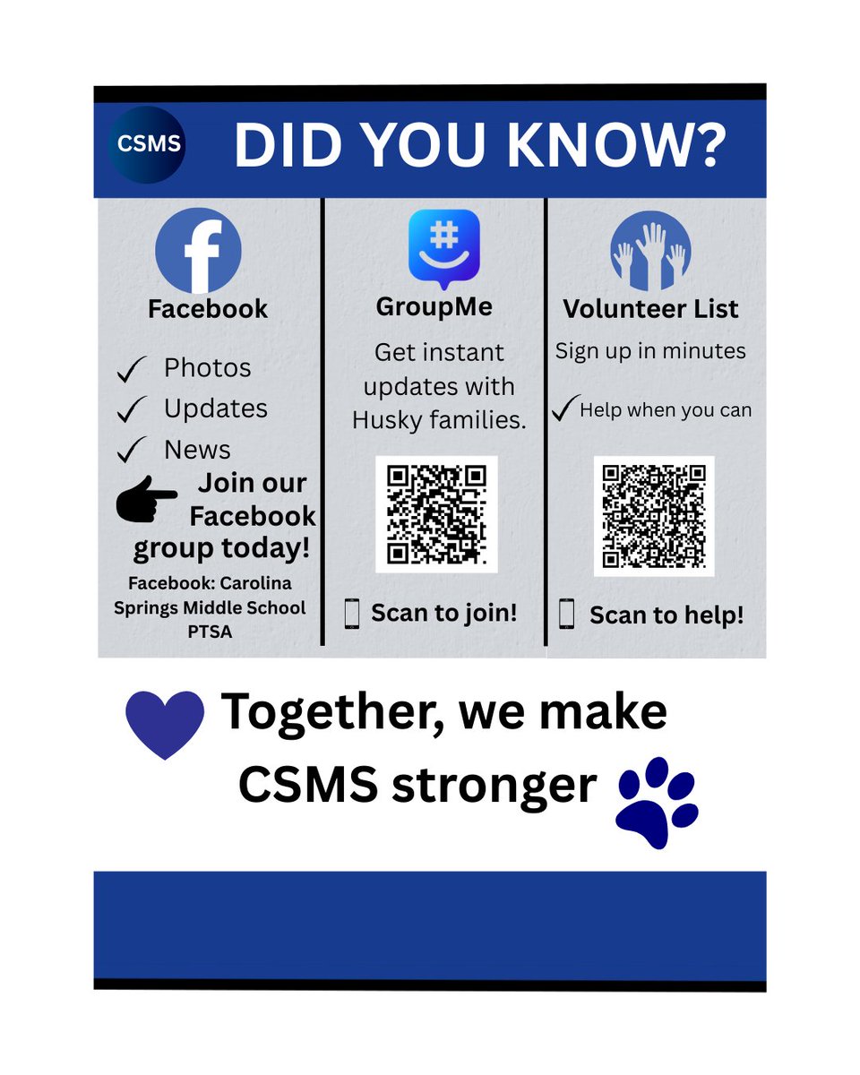 ⁉️ Did you know there are many ways to be connected with CSMS?  Join the Carolina Springs Middle School PTSA!