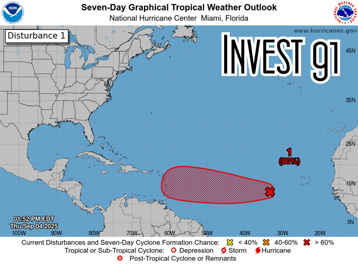 Latest Thursday afternoon NHC update on Invest 91. Development cone has shifted more south and west. Chances up to 90%. Caribbean should be watching close. GFS/EURO showing close there midweek next week. GFS Hurricane. EURO much weaker. Both have been bouncing around ideas on
