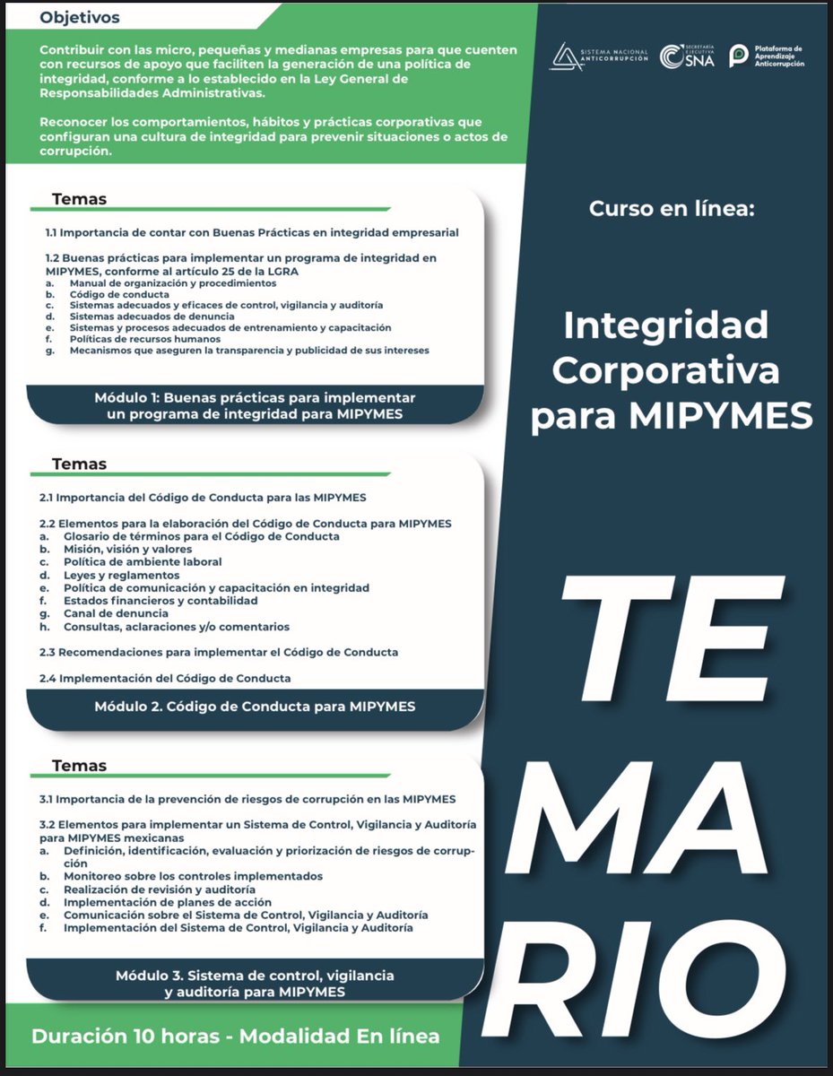 Conoce los cursos de la Plataforma de Aprendizaje Anticorrupción del #SNA

➡️ Integridad Corporativa para MIPYMES

Este curso busca facilitar a micro, pequeñas y medianas empresas a implementar políticas de integridad alineadas con la Ley General de Responsabilidades