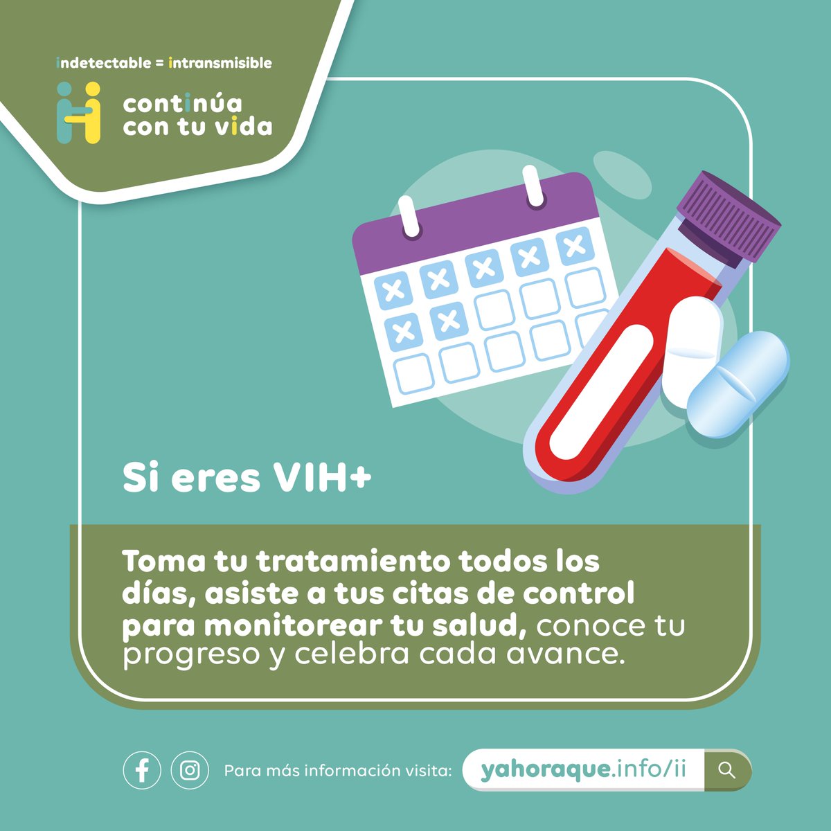 yahoraqueinfo's tweet image. ¡El tratamiento para el VIH es altamente efectivo! Tómatelo todos los días, asiste a tus citas de control para monitorear tu salud, conoce tu progreso y celebra cada avance.

#VIH #I=I #Indetectable #Intransmisible