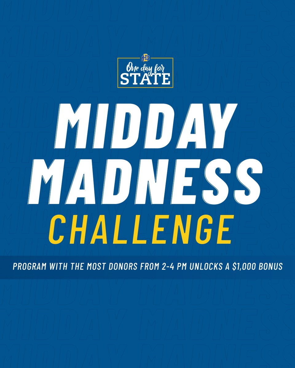 ⚡️ MIDDAY MADNESS⚡️

From 2-4 PM, it’s a race to the top! The program that rallies the MOST DONORS in this two-hour window will score an EXTRA $1,000 for their excellence fund.

Don’t wait - your gift could be the one that helps secure the $1K bonus: onedayforstate.org