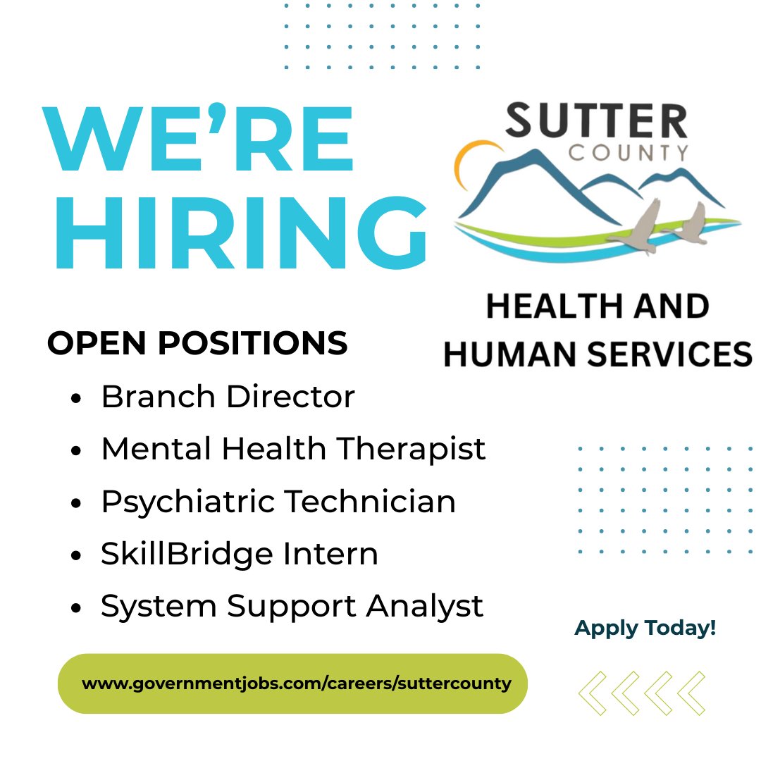 SutterCountyHHS's tweet image. Check out our available job opportunities and #JoinUs. Apply today and start your journey towards making a positive impact in our community! governmentjobs.com/careers/sutter…
#sutter #suttercounty #suttercountyjobs #californiajobs #norcaljobs #workinsuttercounty #yuba #yubacity