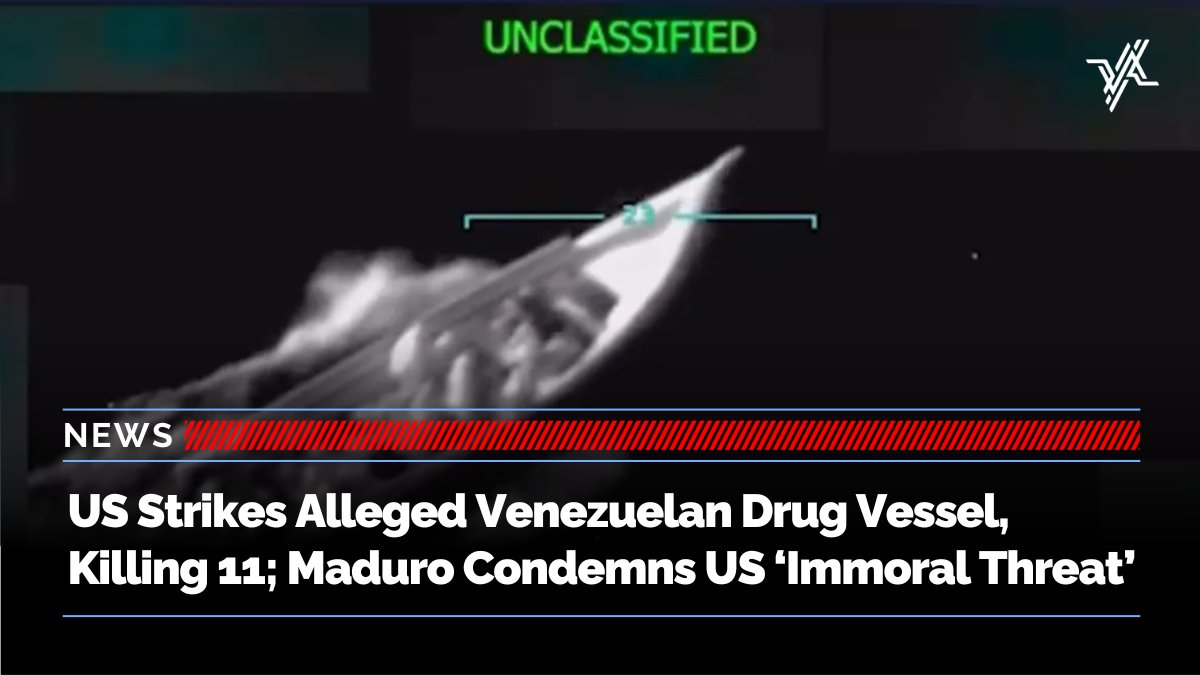 US forces struck a vessel allegedly carrying drugs from Venezuela, killing 11 people. Trump said it was the first operation under his “narco-terrorist” designation. No evidence was provided on the cargo or those on board. Read the full report here: shorturl.at/OaIeI