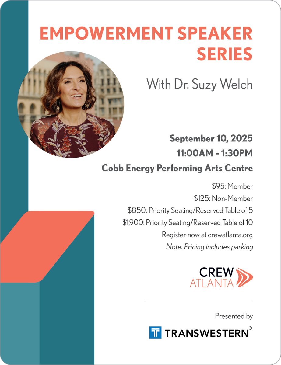 Join us next Wednesday for CREW Atlanta's iconic Empowerment Speaker Series featuring Dr. Suzy Welch! 

On September 10, 11 a.m. - 1:30 p.m., at Cobb Energy Performing Arts Centre, she'll share insights from her book, "Becoming You." 

Register today! 

atlanta.crewnetwork.org/events/2025/se…