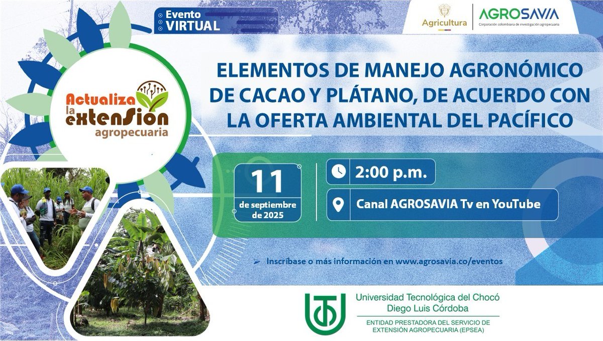 UTCH_'s tweet photo. Taller virtual: “Elementos de manejo agronómico de cacao y plátano, de acuerdo con la oferta ambiental del Pacífico", un espacio dirigido a asistentes técnicos, extensionistas, productores y estudiantes del Chocó. Inscríbete aquí: 👉🏽 https://t.co/2lFXFYSMbV https://t.co/4dpon2vSDV