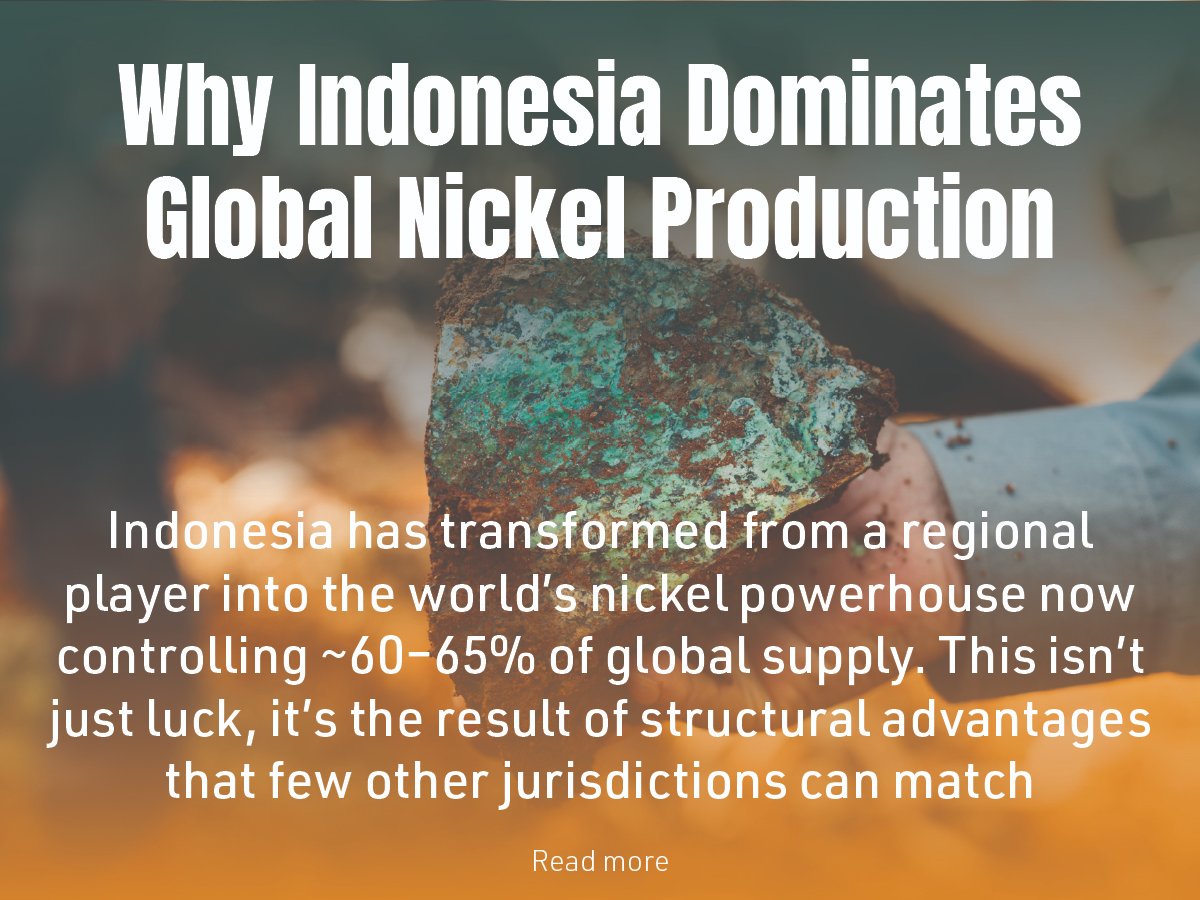 NusaNickelCorp's tweet image. Why Indonesia Dominates Global Nickel Production

🔹 Resource Abundance – World’s largest laterite nickel reserves, from high-grade saprolite to limonite ore.

 🔹 Strategic Location – Close to China, Korea, and the broader Asian battery/EV hub, minimizing shipping costs and…