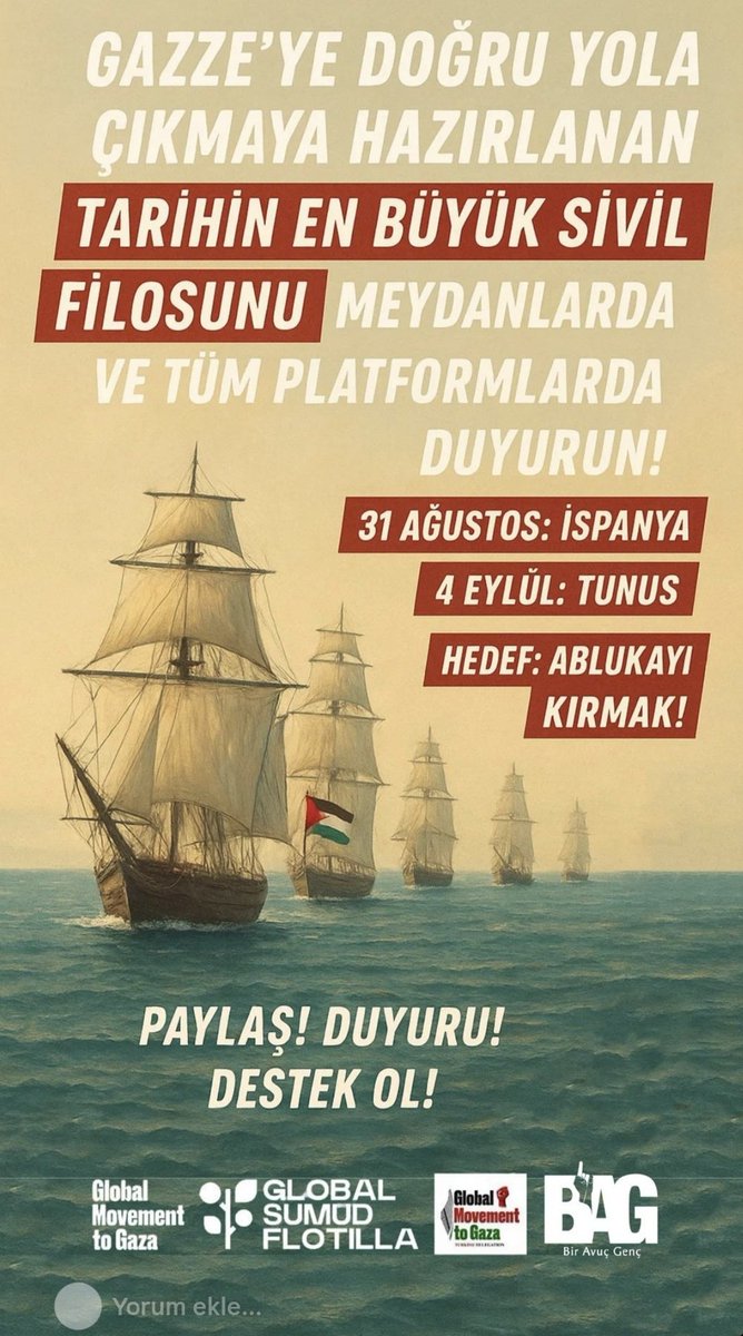 Yolunuz Açık Olsun!

Masum insanların öldürülmesini, şehirlerin yerle bir edilmesini, insanların aç bırakılmasını ve insani yardımların engellenmesini durdurmak amacıyla sivil toplum gönüllülerinin oluşturduğu Küresel Sumud Filosunu her daim destekliyoruz.

#GazzeyeİnsaniKoridor