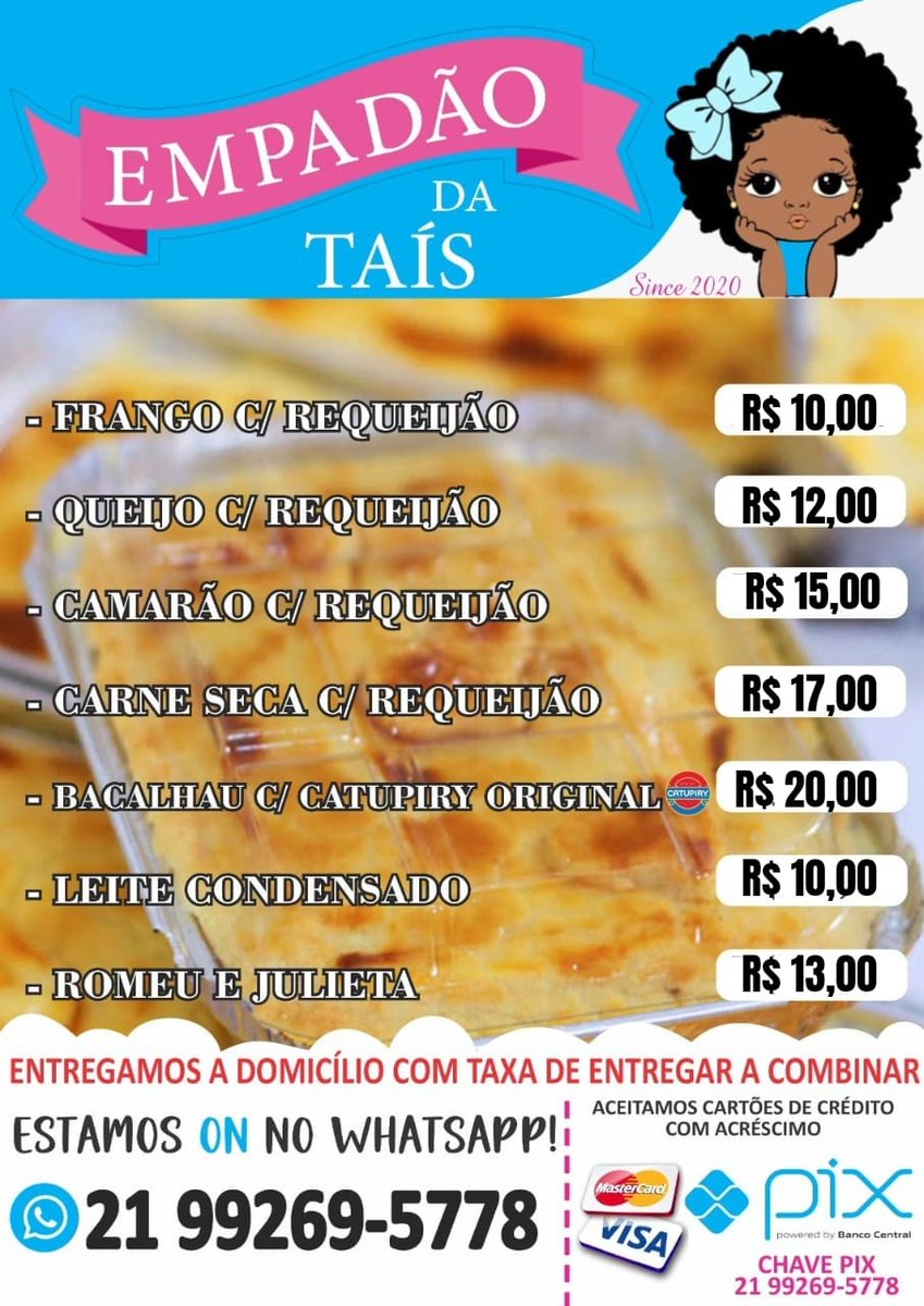 PimentaThai's tweet photo. EMPADÃO DA TAIS.
SEG A SEXT A PARTIR DAS 16:30HR
O MELHOR VAI QUENTINHO, ASSADO NA HORA.
ENTREGAMOS EM MESQUITA, NILÓPOLIS!
21-992695778 https://t.co/EZateW2G9b