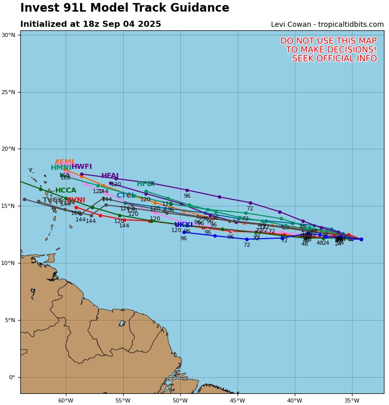 TrevorTropicsWX's tweet photo. Spaghetti Models at 18z for #Invest91L
Discussion
The Spaghetti Models are showing Invest 91L being an threat for Leeward Islands and with the Spaghetti Models showing TS to C3 for intensity
#wxtwitter #wxX #Tropicalwx #Tropicswx #Tropics #Hurricane #TropicalUpdate #91L #AL91 https://t.co/AYVNMsQec1