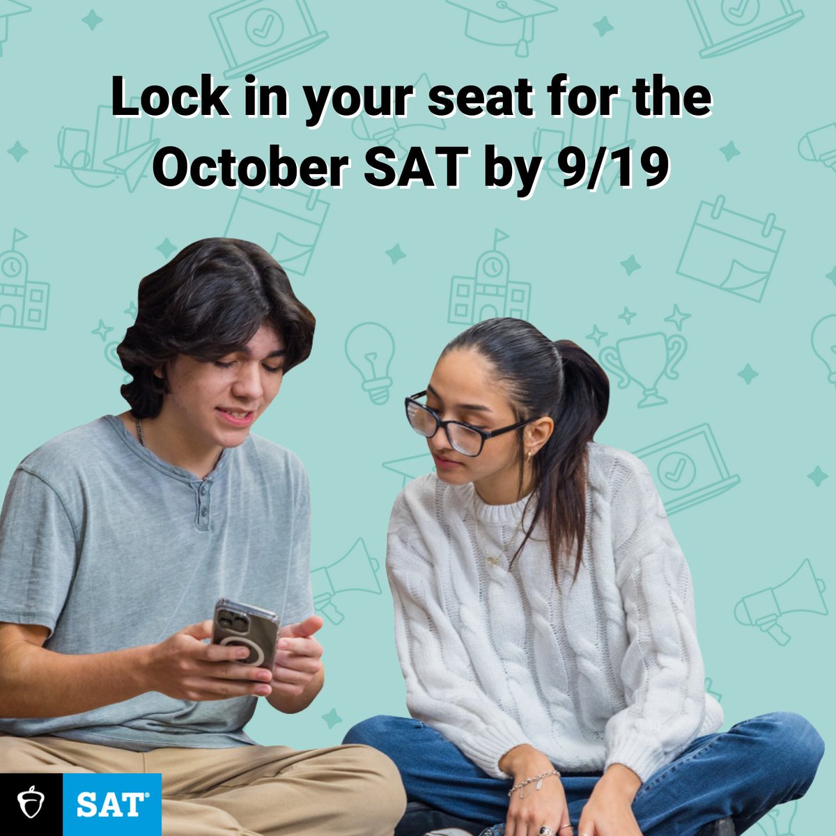 OfficialSAT's tweet image. 🍂 Help your college plans fall into place with the October #SAT! 
⏳ Register by Sept. 19.
🔗 spr.ly/6019A8shb