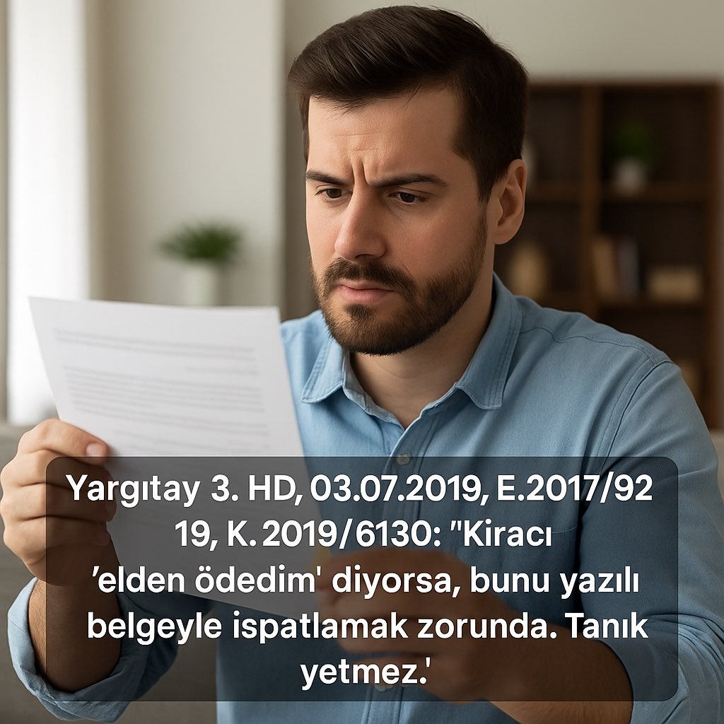 Yargıtay 3. HD, 03.07.2019, E.2017/9219 K.2019/6130:
“Kiracı ‘elden ödedim’ diyorsa, bunu yazılı belgeyle ispatlamak zorunda. Tanık yetmez.”
#kira