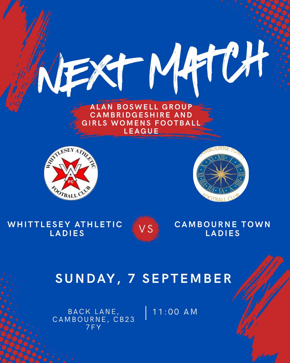 WAFCladies's tweet photo. 🚨 First game of the season!
Whittlesey Athletic Ladies 🆚 @CambourneLadies 
📅 Sunday 7th September
⏰ 11:00 AM
📍 Back Lane, Cambourne, CB23 7FY

Let’s kick things off in style – come down and support the team! 🔵⚽️ #WALFC #UpTheWhittlesey https://t.co/aDixwxWKUH