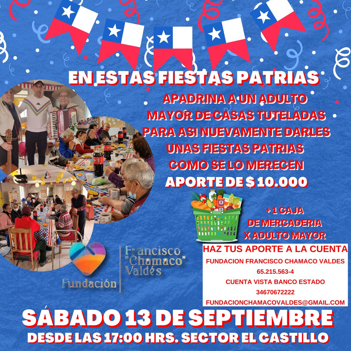 chamacojunior's tweet image. Amig@s seguimos en busca de 13 Padrinos o Madrinas para poder Celebrar nuevamente Fiestas Patrias a los Adult@s Mayores que Apadrinamos desde hace años con diferentes Actividades.  Esperamos dar una Alegría en este Mes y vean que solos no estan . 💪💪💪💪