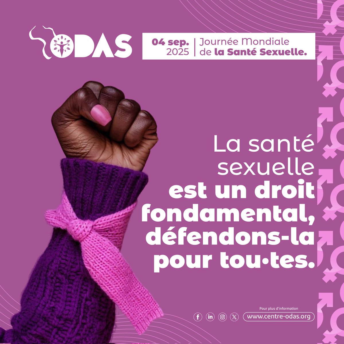 4 Septembre 2025 || Journée mondiale de la santé sexuelle.

La santé sexuelle ne se limite pas à l’absence de maladies, elle englobe le bien-être, le respect, la liberté  de choix, l'autonomie corporelle et la dignité.

C'est pourquoi au sein du Mouvement ODAS, nous militons pour