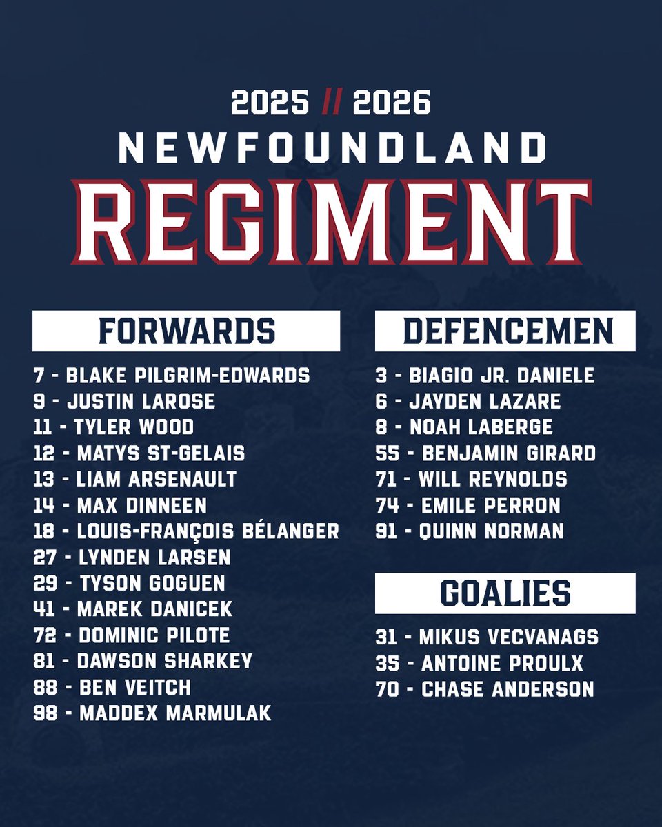 Your 2025-26 Newfoundland Regiment ☑️

🗞️: chl.ca/lhjmq-regiment…

🎟️: tickets.nlregiment.com

Unite. Inspire. Defend.