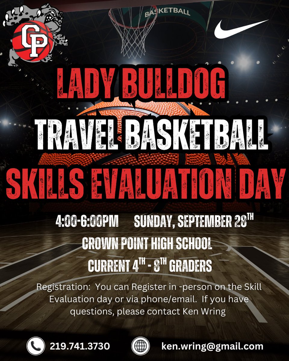 Crown Point Travel Basketball Evaluation Day Announced.

Sunday, September 28th   4:00-6:00pm at Crown Point High School