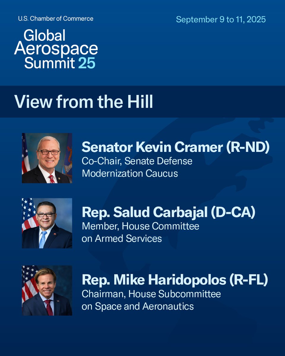 ✈️ Our #GlobalAerospaceSummit is just 5 days away! Have you purchased your ticket?

Newly announced: Join us to hear the air, space and defense view from Capitol Hill from Congressional leaders including <a href="/SenKevinCramer/">Senator Kevin Cramer</a>, <a href="/RepCarbajal/">Rep. Salud Carbajal</a> &amp; <a href="/RepHaridopolos/">Congressman Mike Haridopolos</a>.

Get your ticket now: