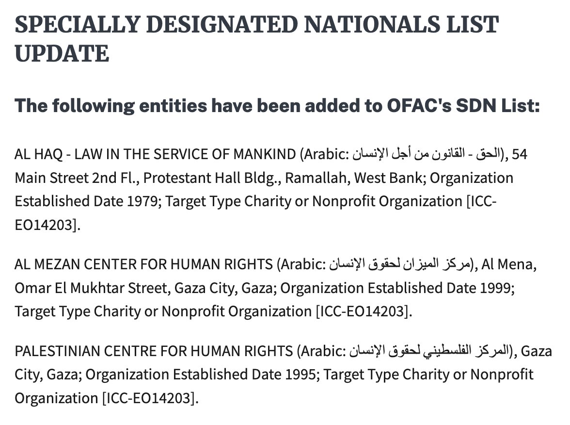 The U.S. just sanctioned three of the most prominent Palestinian human rights groups: <a href="/alhaq_org/">Al-Haq الحق</a>, <a href="/pchrgaza/">Palestinian Centre for Human Rights - PCHR</a>, and <a href="/AlMezanCenter/">Al-Mezan الميزان</a>.

Shameful but not surprising. 

This administration bends over backwards to put Israel First every time.