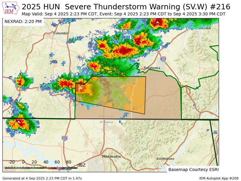 HUN issues Severe Thunderstorm Warning [wind: 60 MPH (RADAR INDICATED), hail: 0.75 IN (RADAR INDICATED)] for Franklin, Lincoln, Moore [TN] till Sep 4, 3:30 PM CDT mesonet.agron.iastate.edu/vtec/f/2025-O-…